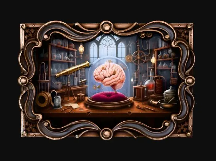 3D model for Imagine a painting of a cluttered Victorian laboratory filled with arcane machinery and flickering gaslights. From a glass dome on a workbench, a disembodied, pallid human brain, veined with glowing copper wires and tiny whirring cogs, appears to float slightly above the canvas, pulsing faintly. This macabre artwork is framed by a heavy, patinated bronze, intricately cast with swirling aetheric energy patterns, tiny exposed gears, and rivets along its robust edges.