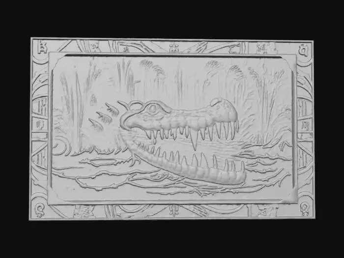 3D model for #Halloween2025#, A vivid painting of the tranquil, lush banks of the Nile River, dotted with papyrus reeds under a searing midday sun. From the depicted murky waters, a massive, scaly crocodile snout, its eyes gleaming with an ancient malevolence, dramatically breaches the canvas, revealing sharp, formidable teeth. The artwork is bordered by a luxurious, verdigris-patinaed copper frame, meticulously etched with wave patterns, crocodile skin textures, and small, embedded symbols of Sobek. #halloween2025#