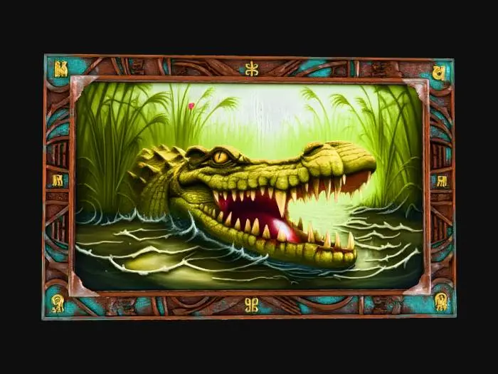 3D model for #Halloween2025#, A vivid painting of the tranquil, lush banks of the Nile River, dotted with papyrus reeds under a searing midday sun. From the depicted murky waters, a massive, scaly crocodile snout, its eyes gleaming with an ancient malevolence, dramatically breaches the canvas, revealing sharp, formidable teeth. The artwork is bordered by a luxurious, verdigris-patinaed copper frame, meticulously etched with wave patterns, crocodile skin textures, and small, embedded symbols of Sobek. #halloween2025#