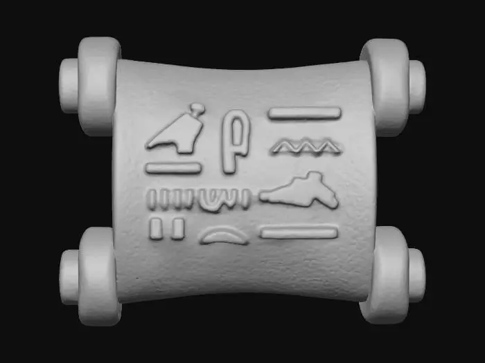 3D model for A cute, stylized 3D model of an ancient Egyptian papyrus scroll, unrolled slightly to reveal its contents. The scroll itself is a warm, matte cream color with a subtle textured surface, resembling thick paper. Its ends are rolled up into plump, rounded cylinders of a complementary light brown. Delicate, simplified golden-brown hieroglyphs are visible on the unfurled section, rendered with a soft, embossed effect under gentle, diffused lighting, conveying an ancient, yet friendly artifact.