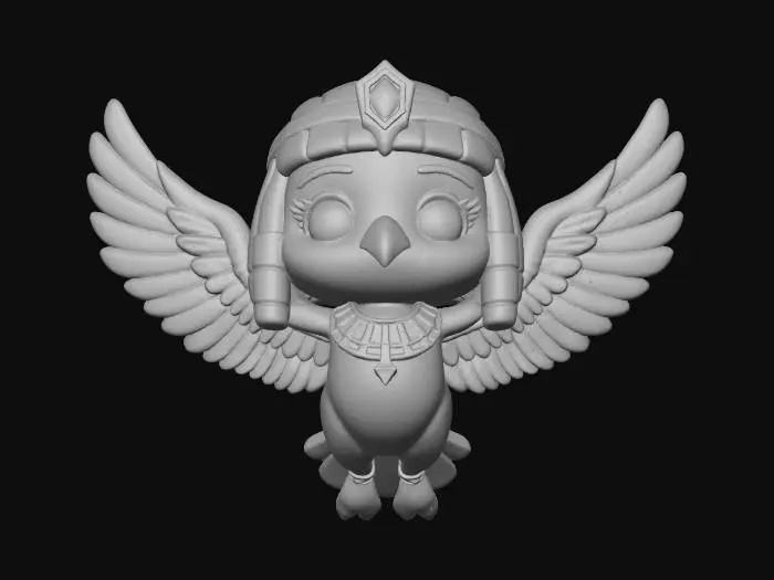 3D model for A delightful, stylized 3D render of a chibi Vulture Goddess (Nekhbet) figure, depicted in a flying pose with a vibrant clay style. Her body is a smooth, matte white, with chunky, rounded wings featuring matte golden-yellow accents and subtle red and deep blue feather details. Her head is simplified with a pronounced golden-yellow beak and friendly eyes. Soft, even lighting emphasizes her graceful, stylized form.