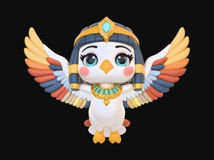 3D model for A delightful, stylized 3D render of a chibi Vulture Goddess (Nekhbet) figure, depicted in a flying pose with a vibrant clay style. Her body is a smooth, matte white, with chunky, rounded wings featuring matte golden-yellow accents and subtle red and deep blue feather details. Her head is simplified with a pronounced golden-yellow beak and friendly eyes. Soft, even lighting emphasizes her graceful, stylized form.