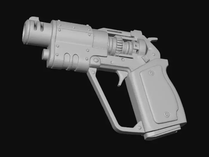 3D model for A weighty Dieselpunk impact pistol, forged from oxidized brass and riveted steel plates, showing worn oil stains. Its trigger guard is a bold, bright yellow triangle, while the grip is inlaid with hard plastic panels featuring hot pink, teal, and black geometric patterns. The overall structure is rugged, yet possesses an incongruously playful aesthetic.