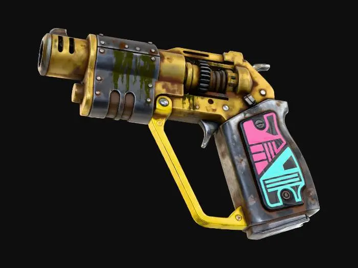 3D model for A weighty Dieselpunk impact pistol, forged from oxidized brass and riveted steel plates, showing worn oil stains. Its trigger guard is a bold, bright yellow triangle, while the grip is inlaid with hard plastic panels featuring hot pink, teal, and black geometric patterns. The overall structure is rugged, yet possesses an incongruously playful aesthetic.