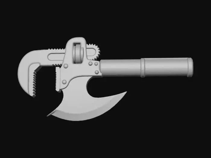 3D model for A massive Dieselpunk wrench-axe, a dual-purpose tool/weapon. The "wrench" head is a crude, oversized forged steel jaw, while the opposite side is a sharpened axe blade. The heavy, dark grey metal is contrasted by a thick, cylindrical handle painted with bold, irregular stripes of bright magenta, electric blue, and black, making it both formidable and visually loud.
