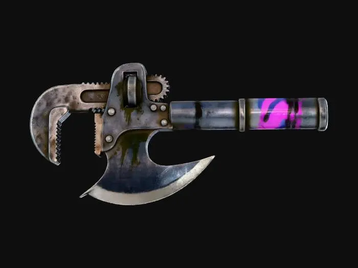 3D model for A massive Dieselpunk wrench-axe, a dual-purpose tool/weapon. The "wrench" head is a crude, oversized forged steel jaw, while the opposite side is a sharpened axe blade. The heavy, dark grey metal is contrasted by a thick, cylindrical handle painted with bold, irregular stripes of bright magenta, electric blue, and black, making it both formidable and visually loud.