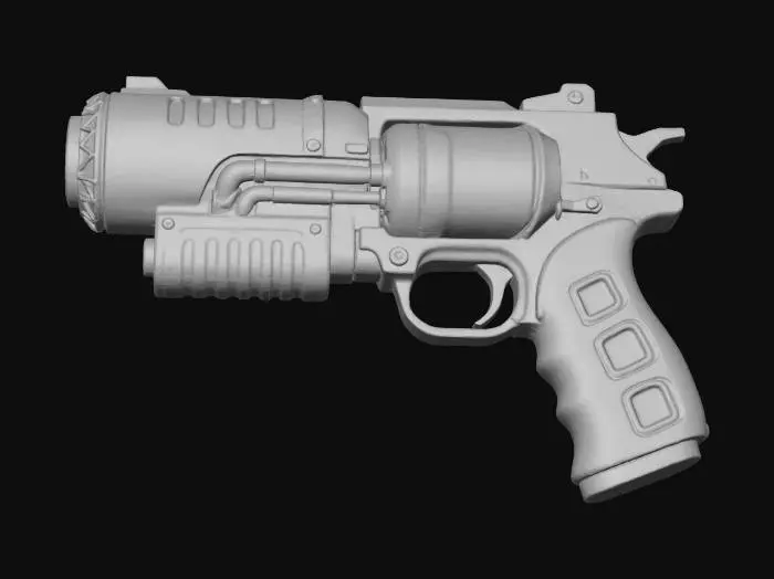 3D model for A Dieselpunk sonic pistol, its body a smooth, dull grey metallic housing with visible heat vents and a bulky energy cell. The emitter at the front is surrounded by a ring of alternating bright yellow and teal triangles, while the grip is wrapped in a textured black material with hot pink rectangular inserts, giving it a sleek yet playful, sci-fi appearance.