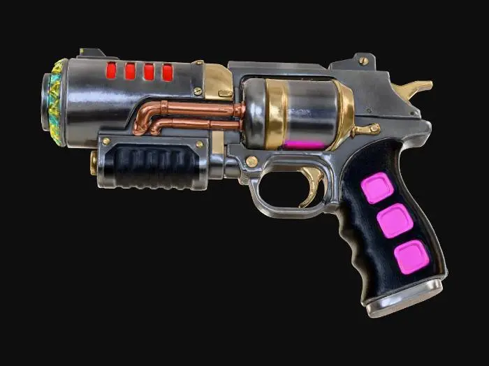 3D model for A Dieselpunk sonic pistol, its body a smooth, dull grey metallic housing with visible heat vents and a bulky energy cell. The emitter at the front is surrounded by a ring of alternating bright yellow and teal triangles, while the grip is wrapped in a textured black material with hot pink rectangular inserts, giving it a sleek yet playful, sci-fi appearance.
