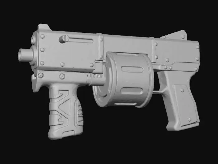 3D model for A Dieselpunk submachine gun, featuring a compact, boxy body of blackened steel, heavily riveted and showing signs of heavy use. Its magazine is a bright yellow and hot pink striped cylinder, and the foregrip is made of teal-colored, textured plastic with embossed black geometric shapes. It feels dense and rugged, an efficient tool with a surprising splash of color.