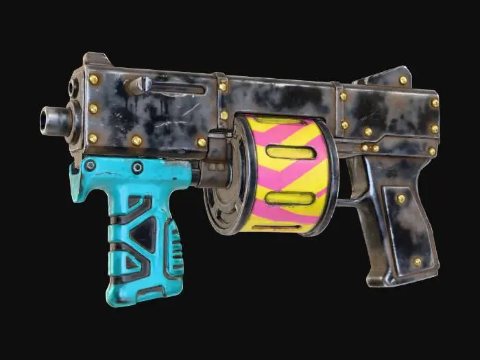 3D model for A Dieselpunk submachine gun, featuring a compact, boxy body of blackened steel, heavily riveted and showing signs of heavy use. Its magazine is a bright yellow and hot pink striped cylinder, and the foregrip is made of teal-colored, textured plastic with embossed black geometric shapes. It feels dense and rugged, an efficient tool with a surprising splash of color.