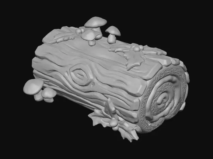 3D model for A stylized PBR 3D game asset, a giant Yule Log cake (Bûche de Noël). The surface texture mimics rough tree bark but is clearly made of dark chocolate, dusted with powdered sugar snow. Decorated with meringue mushrooms and green marzipan holly leaves. The sliced end reveals thick cream swirls. Delicious food prop, chunky hand-painted food textures.