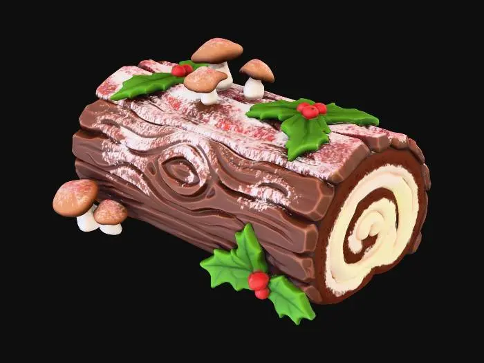 3D model for A stylized PBR 3D game asset, a giant Yule Log cake (Bûche de Noël). The surface texture mimics rough tree bark but is clearly made of dark chocolate, dusted with powdered sugar snow. Decorated with meringue mushrooms and green marzipan holly leaves. The sliced end reveals thick cream swirls. Delicious food prop, chunky hand-painted food textures.