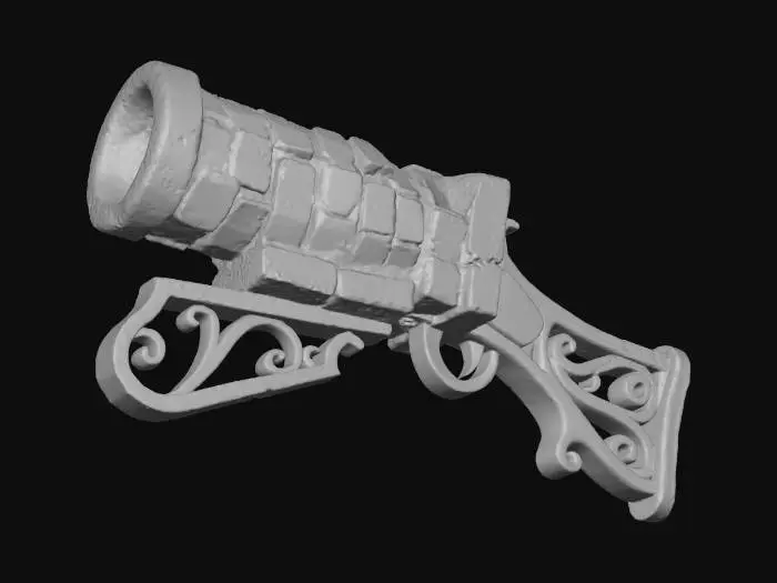 3D model for A stylized PBR 3D game asset, a portable hand cannon. The barrel resembles a detached section of a red brick chimney, with chunky brick textures and snow mortar in the crevices. The muzzle is heavily stained with black soot. The handle and stock are fashioned from a cast-iron fireplace grate. Rugged, heavy masonry texture mixed with iron.