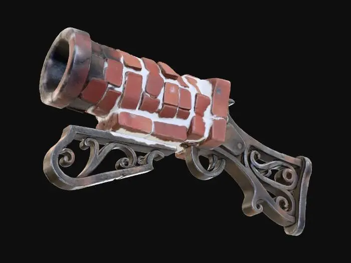 3D model for A stylized PBR 3D game asset, a portable hand cannon. The barrel resembles a detached section of a red brick chimney, with chunky brick textures and snow mortar in the crevices. The muzzle is heavily stained with black soot. The handle and stock are fashioned from a cast-iron fireplace grate. Rugged, heavy masonry texture mixed with iron.