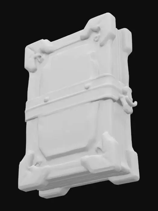 3D model for A majestic cartoon-style ancient spellbook with a sturdy, adventurous look. The cover is carved from rugged amber-brown oak, its grain clearly visible and its edges slightly worn. A massive metal plate with a electric-blue sheen is set in the center, engraved with simplified ancient runes. The pages are thick, soft lavender-gray, and slightly curled at the edges, giving the whole book a solid, time-worn epic feel.