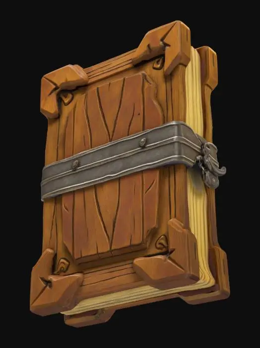 3D model for A majestic cartoon-style ancient spellbook with a sturdy, adventurous look. The cover is carved from rugged amber-brown oak, its grain clearly visible and its edges slightly worn. A massive metal plate with a electric-blue sheen is set in the center, engraved with simplified ancient runes. The pages are thick, soft lavender-gray, and slightly curled at the edges, giving the whole book a solid, time-worn epic feel.