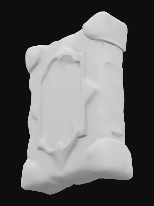 3D model for A majestic cartoon-style ancient spellbook with a sturdy, adventurous look. The cover is carved from rugged ivory-white birch, its grain clearly visible and its edges slightly worn. A massive metal plate with a deep verdigris green sheen is set in the center, engraved with simplified ancient runes. The pages are thick, warm ochre-brown, and slightly curled at the edges, giving the whole book a solid, time-worn epic feel.