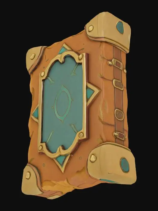 3D model for A majestic cartoon-style ancient spellbook with a sturdy, adventurous look. The cover is carved from rugged ivory-white birch, its grain clearly visible and its edges slightly worn. A massive metal plate with a deep verdigris green sheen is set in the center, engraved with simplified ancient runes. The pages are thick, warm ochre-brown, and slightly curled at the edges, giving the whole book a solid, time-worn epic feel.