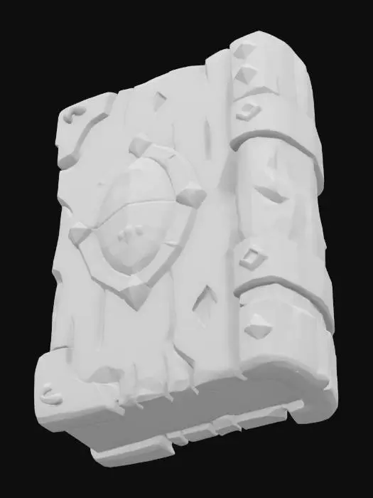 3D model for A majestic cartoon-style ancient spellbook with a sturdy, adventurous look. The cover is carved from rugged sea-green pine wood, its grain clearly visible and its edges slightly worn. A massive metal plate with a deep violet sheen is set in the center, engraved with simplified ancient runes. The pages are thick, snow-white, and slightly curled at the edges, giving the whole book a solid, time-worn epic feel.