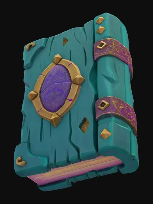 3D model for A majestic cartoon-style ancient spellbook with a sturdy, adventurous look. The cover is carved from rugged sea-green pine wood, its grain clearly visible and its edges slightly worn. A massive metal plate with a deep violet sheen is set in the center, engraved with simplified ancient runes. The pages are thick, snow-white, and slightly curled at the edges, giving the whole book a solid, time-worn epic feel.