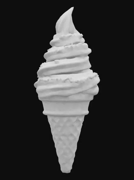 3D model for A delightful ice cream cone features two generous, soft scoops of creamy strawberry pink and smooth vanilla white swirl, looking rich and inviting. The scoops are generously adorned with a scattering of tiny, dark chocolate chips and a delicate drizzle of glossy, melted milk chocolate. Beneath, a light golden-brown waffle cone boasts a crisp, diamond-patterned texture, with chocolate sauce gracefully dripping down its sides, appearing deliciously gooey.