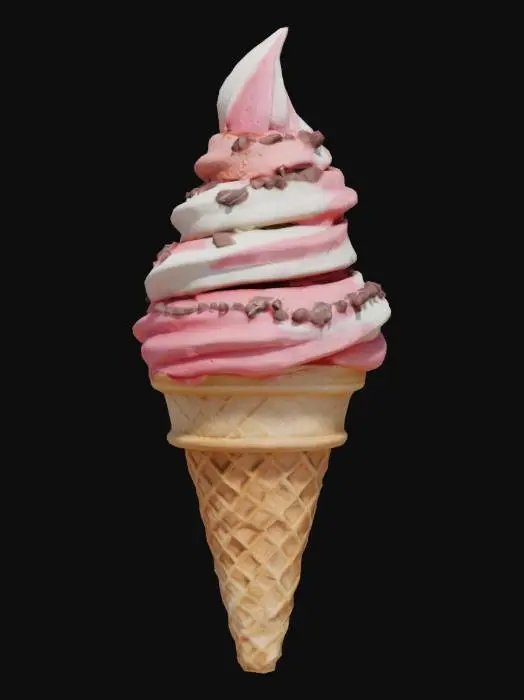 3D model for A delightful ice cream cone features two generous, soft scoops of creamy strawberry pink and smooth vanilla white swirl, looking rich and inviting. The scoops are generously adorned with a scattering of tiny, dark chocolate chips and a delicate drizzle of glossy, melted milk chocolate. Beneath, a light golden-brown waffle cone boasts a crisp, diamond-patterned texture, with chocolate sauce gracefully dripping down its sides, appearing deliciously gooey.