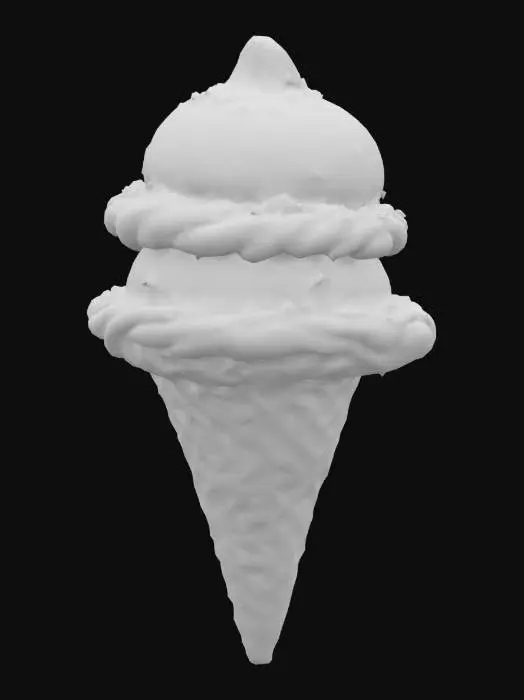 3D model for An exotic ice cream cone holds two alluring, soft scoops of sun-kissed mango orange and bright passion fruit yellow, blended into a luscious swirl. The scoops are sparsely sprinkled with delicate, snowy white coconut flakes, adding a subtle crunch. A thick, clear glaze, resembling golden honey, cascades down from the top scoop onto the light, crunchy waffle cone, which has a deeply textured, warm brown surface, inviting a sweet, tropical taste.