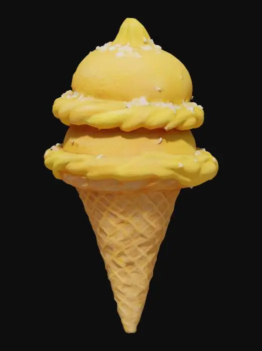 3D model for An exotic ice cream cone holds two alluring, soft scoops of sun-kissed mango orange and bright passion fruit yellow, blended into a luscious swirl. The scoops are sparsely sprinkled with delicate, snowy white coconut flakes, adding a subtle crunch. A thick, clear glaze, resembling golden honey, cascades down from the top scoop onto the light, crunchy waffle cone, which has a deeply textured, warm brown surface, inviting a sweet, tropical taste.