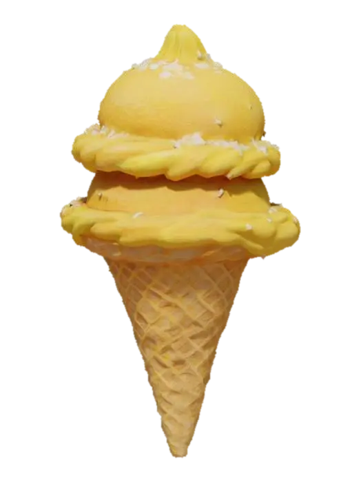 An exotic ice cream cone holds two alluring, soft scoops of sun-kissed mango… 3D model, vytvořený pomocí AI