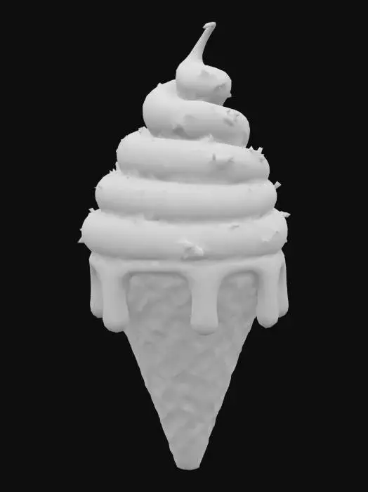 3D model for A magical ice cream cone presents two fluffy, perfectly scooped mounds of dreamy lavender purple and gentle sky blue ice cream, looking incredibly soft and ethereal. They are sparkling with edible glitter and adorned with tiny, star-shaped yellow sprinkles. A thick, sweet white glaze drips in elegant rivulets over the crisp, light golden-brown waffle cone, whose patterned surface hints at a satisfying crunch, making it appear both delightful and delicious.