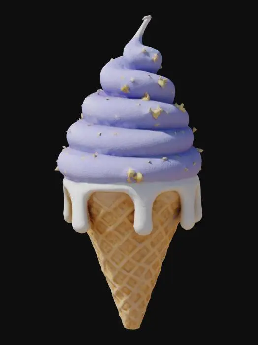 3D model for A magical ice cream cone presents two fluffy, perfectly scooped mounds of dreamy lavender purple and gentle sky blue ice cream, looking incredibly soft and ethereal. They are sparkling with edible glitter and adorned with tiny, star-shaped yellow sprinkles. A thick, sweet white glaze drips in elegant rivulets over the crisp, light golden-brown waffle cone, whose patterned surface hints at a satisfying crunch, making it appear both delightful and delicious.