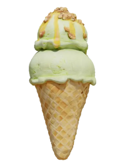 A gourmet ice cream cone features two rounded, velvety scoops of rich pistachio… 3D model, vytvořený pomocí AI