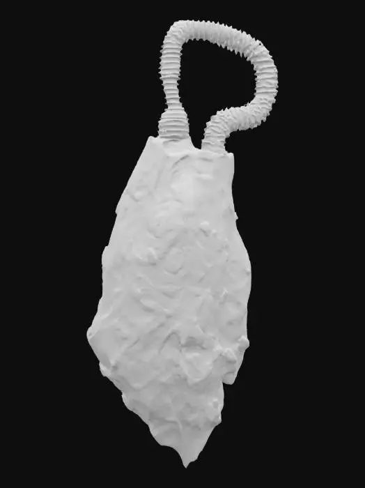 3D model for A two-handed broadsword features a massive blade of dark, craggy volcanic stone, etched with glowing fissures that pulse with molten orange and fiery red light. Its sharpened edges shimmer with an intense yellow-orange glow, resembling cooling lava. The hilt is wrapped in rough, dark leather over a gnarled, twisted handle, providing a powerful, earthy grip.