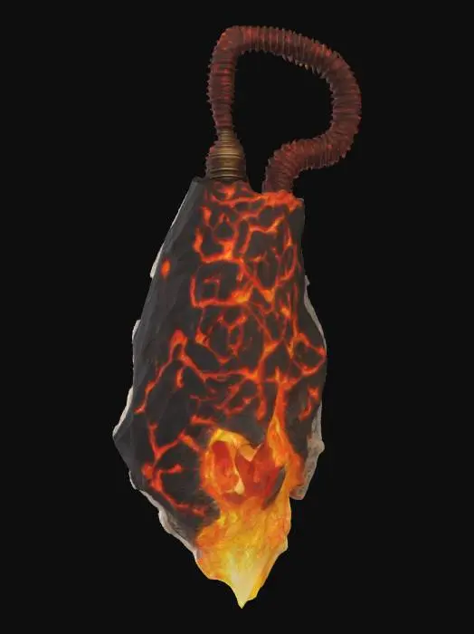 3D model for A two-handed broadsword features a massive blade of dark, craggy volcanic stone, etched with glowing fissures that pulse with molten orange and fiery red light. Its sharpened edges shimmer with an intense yellow-orange glow, resembling cooling lava. The hilt is wrapped in rough, dark leather over a gnarled, twisted handle, providing a powerful, earthy grip.
