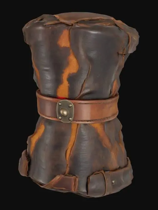3D model for A 3D render of a Viking bellows with cracked volcanic rock casing and molten lava-filled seams, stitched leather body with charred wood handles, metal studs glowing faintly, PBR shader, clean background
