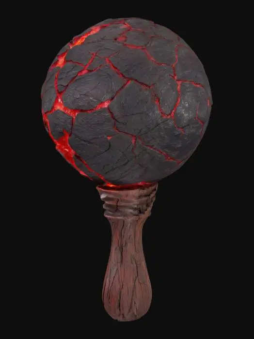 3D model for A 3D stylized rattle made of a volcanic rock sphere with molten lava cracks, attached to a charred wooden handle, filled with glowing ember beads, emissive glow, PBR materials, clean grey background  

