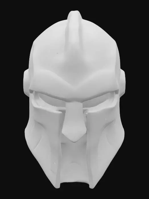 3D model for A formidable closed-faced helm is shaped from dark, dense volcanic rock, featuring deep, irregular grooves that subtly glow with an internal, molten orange and red light. The eye slits are narrow, reflecting a hint of the inner glow, while the rough, textured surface suggests immense durability. Its heavy, imposing form feels solid and unyielding.