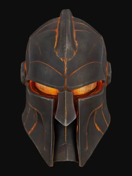 3D model for A formidable closed-faced helm is shaped from dark, dense volcanic rock, featuring deep, irregular grooves that subtly glow with an internal, molten orange and red light. The eye slits are narrow, reflecting a hint of the inner glow, while the rough, textured surface suggests immense durability. Its heavy, imposing form feels solid and unyielding.