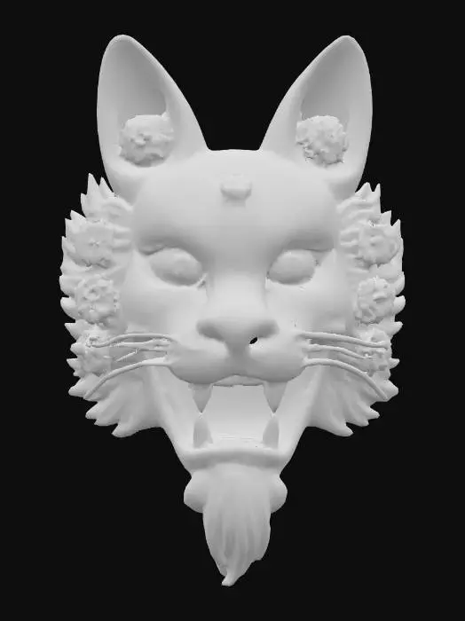 3D model for A captivating Okame (woman's face) mask, subtly infused with Neko (cat) elements, made from a vibrant, high-gloss lacquered wood in a rich, deep crimson. Its rounded, cheerful features are elegantly stylized. Intricate golden chrysanthemums are painted across its cheeks and forehead, their petals gleaming with a metallic luster. Fine silver details on the whiskers and a pearl-white nose provide bright, contrasting PBR highlights.