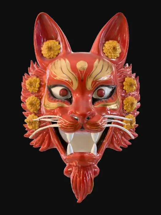 3D model for A captivating Okame (woman's face) mask, subtly infused with Neko (cat) elements, made from a vibrant, high-gloss lacquered wood in a rich, deep crimson. Its rounded, cheerful features are elegantly stylized. Intricate golden chrysanthemums are painted across its cheeks and forehead, their petals gleaming with a metallic luster. Fine silver details on the whiskers and a pearl-white nose provide bright, contrasting PBR highlights.