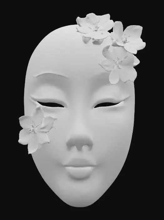 3D model for A pristine Geisha mask, crafted from highly polished white porcelain, its surface flawlessly smooth and cool to the touch, reflecting light with a brilliant, mirror-like sheen. Intricate, hand-painted cherry blossom motifs in vibrant red and soft pink adorn the cheeks, with delicate gold leaf veins providing a subtle metallic texture. The iconic red lips are painted with a high-gloss finish, creating striking PBR highlights against the mask's serene elegance.