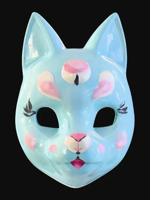 3D model for A playful Kitsune mask, made from a glossy, vibrant orange ceramic with a perfectly smooth, cool surface that reflects light with a soft sheen. Its rounded fox features include exaggerated, cheerful rosy cheeks and a delicate, painted black nose. Subtle, iridescent glitter is mixed into the glaze on its ear tips and around the eyes, creating a whimsical sparkle, making it feel light and delightful.