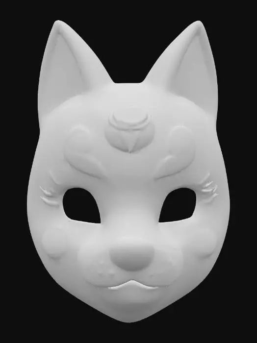 3D model for A playful Kitsune mask, made from a glossy, vibrant orange ceramic with a perfectly smooth, cool surface that reflects light with a soft sheen. Its rounded fox features include exaggerated, cheerful rosy cheeks and a delicate, painted black nose. Subtle, iridescent glitter is mixed into the glaze on its ear tips and around the eyes, creating a whimsical sparkle, making it feel light and delightful.