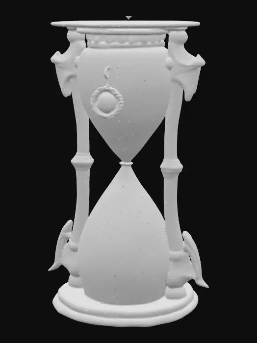 3D model for An arcane hourglass, its two spherical bulbs crafted from aged, pale mint-green ceramic with a subtle crackle glaze, feeling smooth and cool to the touch. They are encased in an intricate, tarnished gold-bronze frame, adorned with small, rough gears and ornate, sculpted bat-wing motifs that feel rigid. Bright crimson sand flows between the bulbs, and a polished ruby-red stopper crowns the top, reflecting light with a striking gloss, all embodying a whimsical yet gothic charm.