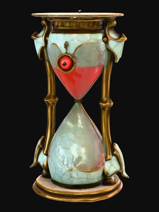 3D model for An arcane hourglass, its two spherical bulbs crafted from aged, pale mint-green ceramic with a subtle crackle glaze, feeling smooth and cool to the touch. They are encased in an intricate, tarnished gold-bronze frame, adorned with small, rough gears and ornate, sculpted bat-wing motifs that feel rigid. Bright crimson sand flows between the bulbs, and a polished ruby-red stopper crowns the top, reflecting light with a striking gloss, all embodying a whimsical yet gothic charm.