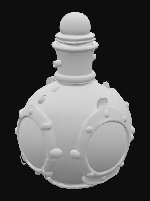 3D model for A squat, round-bodied apothecary bottle, predominantly aged copper, heavily blanketed by a thick, greenish-blue verdigris patina. Its surface is accented with numerous weathered brass rivets and intricate filigree bands that wrap around the form. A prominent, glossy red glass lens is deeply set into the front, framed by a textured, hammered brass ring. The bottle feels robust and cool, with a varied texture from the rough patina to the smooth glass.