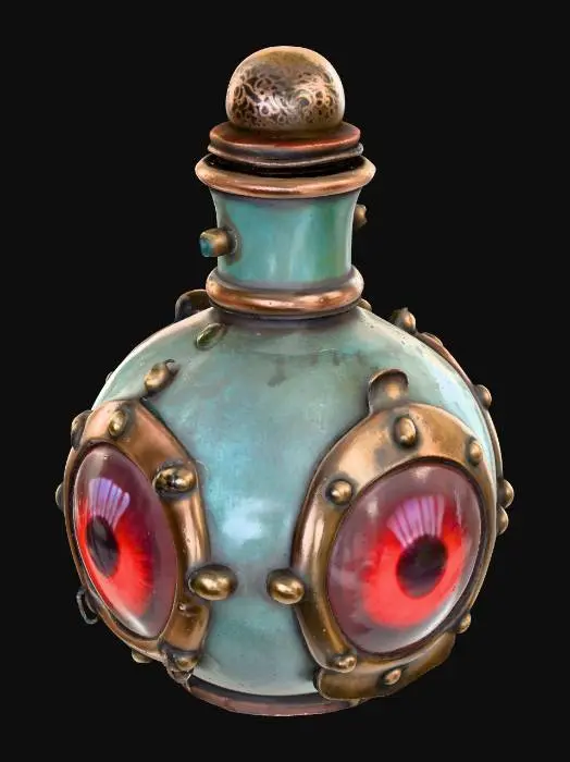 3D model for A squat, round-bodied apothecary bottle, predominantly aged copper, heavily blanketed by a thick, greenish-blue verdigris patina. Its surface is accented with numerous weathered brass rivets and intricate filigree bands that wrap around the form. A prominent, glossy red glass lens is deeply set into the front, framed by a textured, hammered brass ring. The bottle feels robust and cool, with a varied texture from the rough patina to the smooth glass.