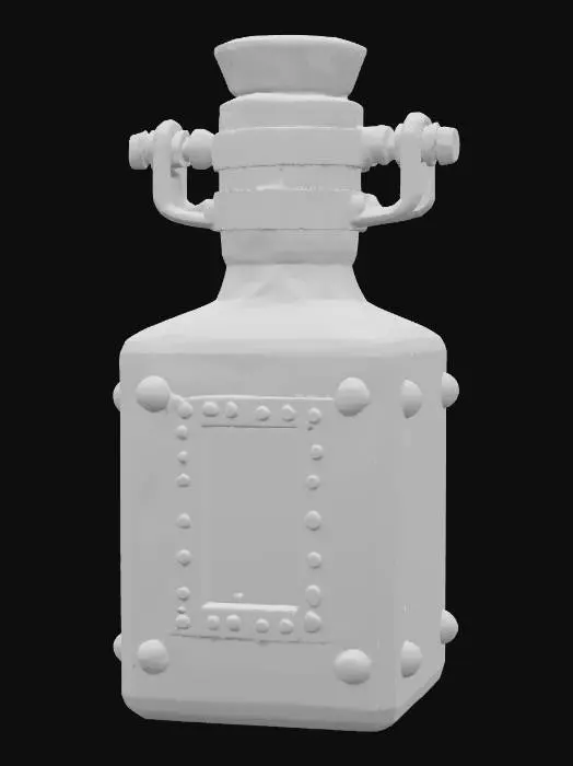 3D model for A unique potion bottle combining mixed geometries, featuring a cylindrical neck gracefully rising from a sturdy cube-shaped base. Both sections are clad in verdigris-tainted copper, displaying mottled green and brown hues. Aged brass brackets and small studs meticulously trim the corners and seams. One face of the cube showcases a vertical rectangular red glass window, firmly embedded within a riveted brass frame. It has a rough, metallic, and cool tactile quality.
