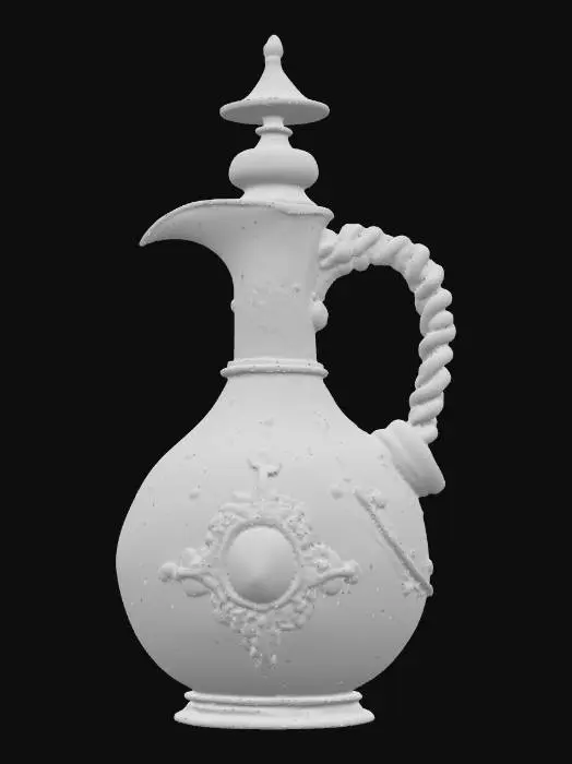 3D model for An ornate, elegantly curved serum bottle, featuring a distinctive twisted spiral handle and a gracefully flared mouth. Its body is made of copper, heavily covered in a greenish verdigris patina, with scattered rust spots adding to its aged character. Fine etched line details embellish the surface. Aged brass collars and small studs follow the bottle's elegant curves. A small, round red glass gem is set at the shoulder, cradled within a delicate brass filigree mount.