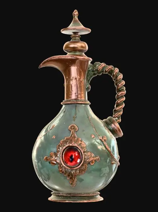 3D model for An ornate, elegantly curved serum bottle, featuring a distinctive twisted spiral handle and a gracefully flared mouth. Its body is made of copper, heavily covered in a greenish verdigris patina, with scattered rust spots adding to its aged character. Fine etched line details embellish the surface. Aged brass collars and small studs follow the bottle's elegant curves. A small, round red glass gem is set at the shoulder, cradled within a delicate brass filigree mount.